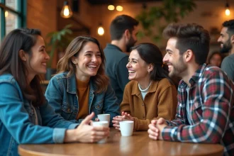 Groupe de jeunes adultes souriants en conversation dans un café, illustrant la diversité des orientations sexuelles et des liens humains