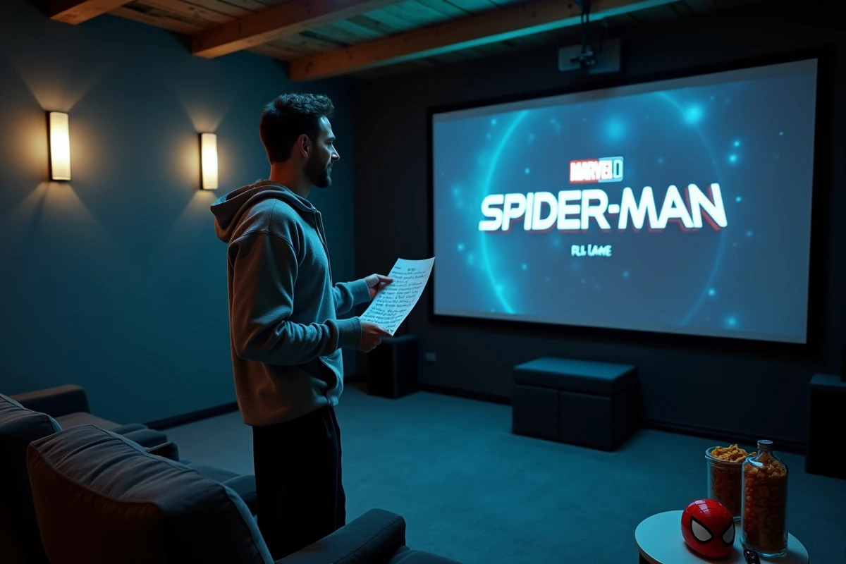 Homme debout devant un écran de cinéma maison projetant un film Spider-Man Tom Holland dans un sous-sol aménagé en salle de projection