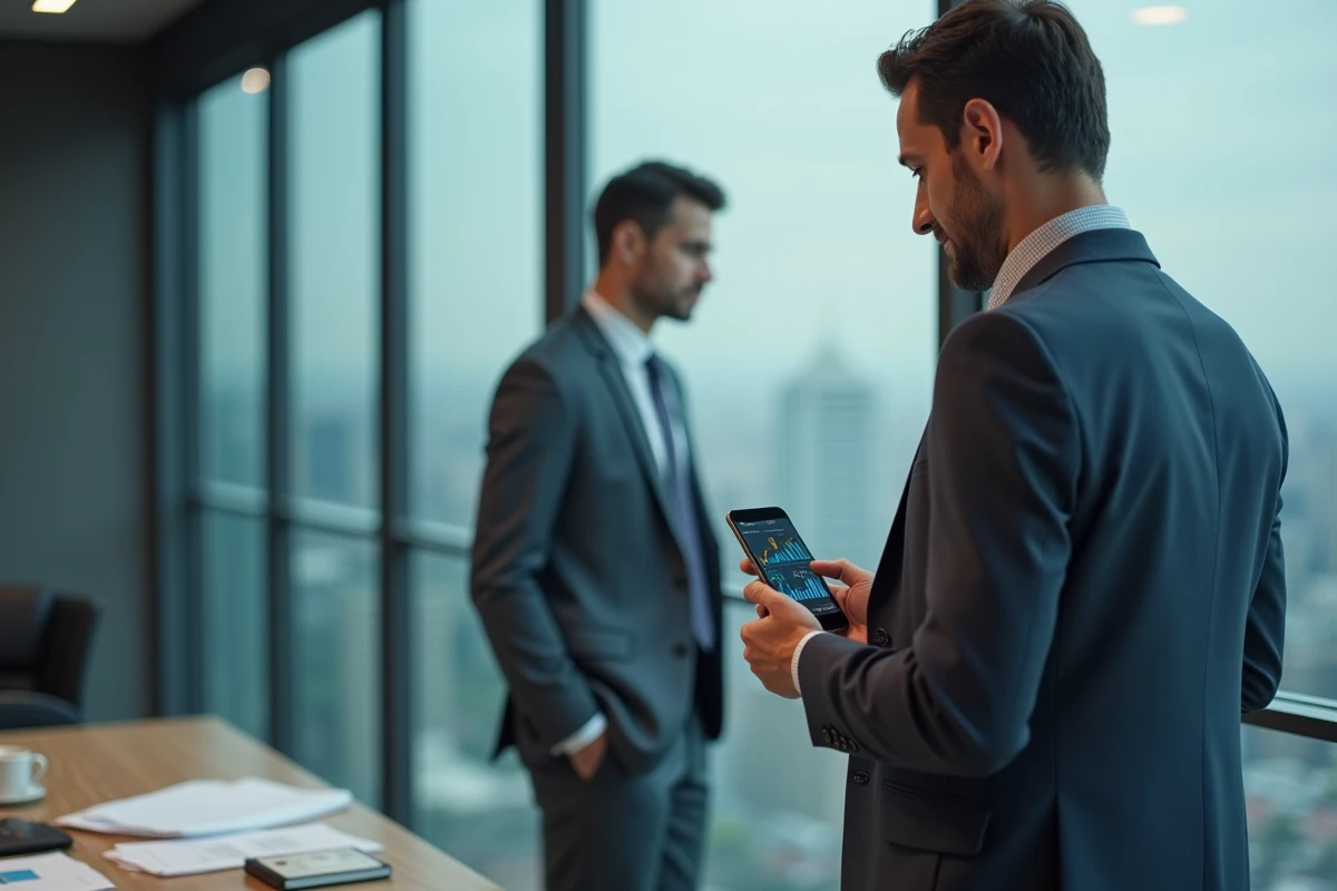 Homme d'affaires consultant une application bancaire sur smartphone dans un bureau avec vue sur la ville