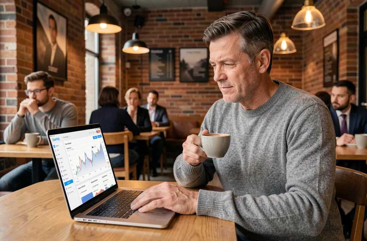 Homme d'affaires consultant un tableau de bord d'informations économiques sur laptop dans un café urbain
