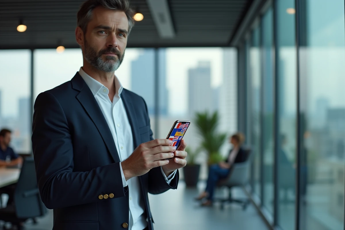 Homme en bureau moderne utilisant une application de traduction automatique sur smartphone