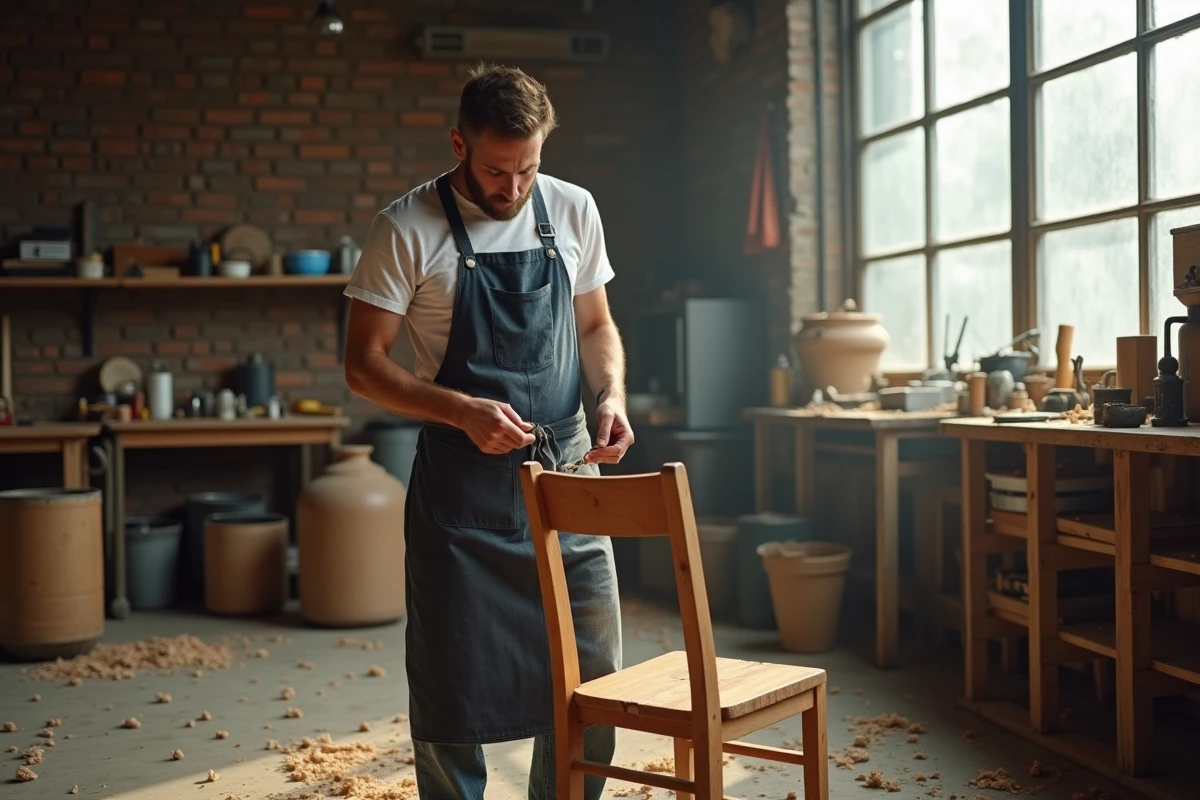 Homme en tablier réparant une chaise en bois dans un atelier artisanal, symbole de persévérance et de résilience face aux épreuves