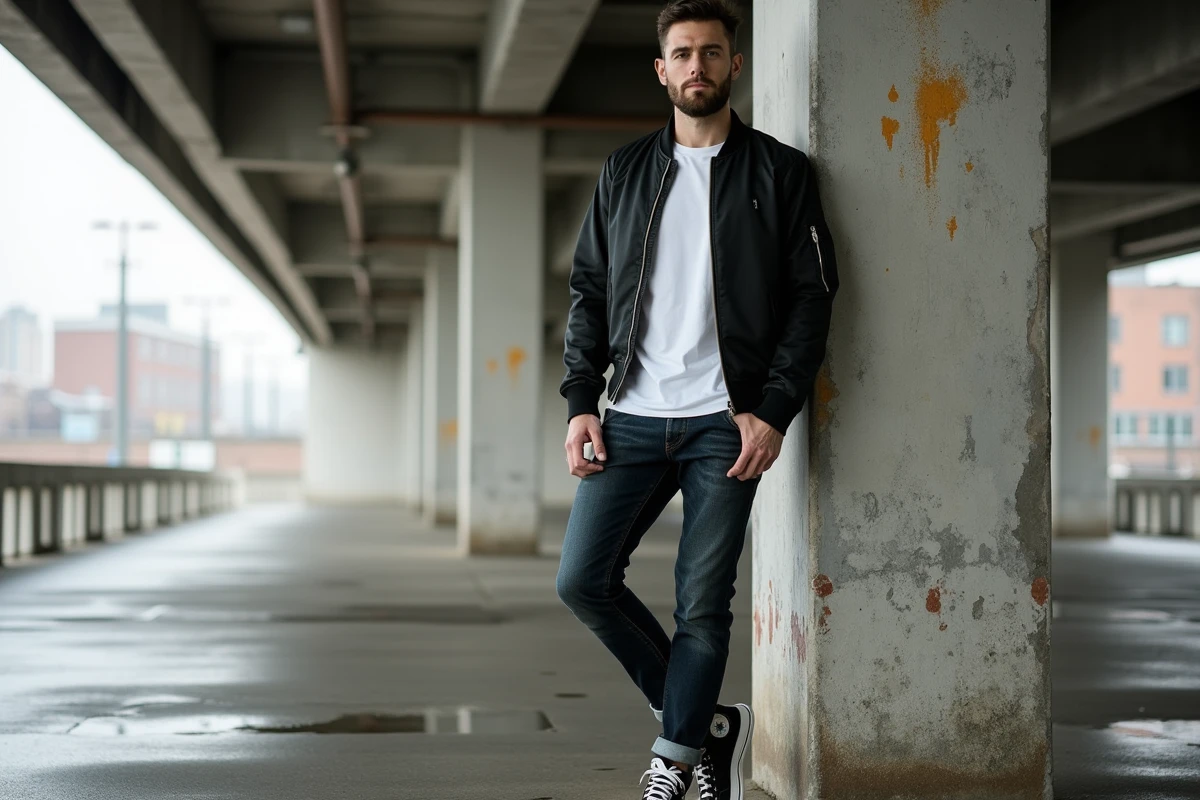 Homme en look street style avec bomber jacket noir, jean slim et sneakers cuir sous un pont urbain industriel
