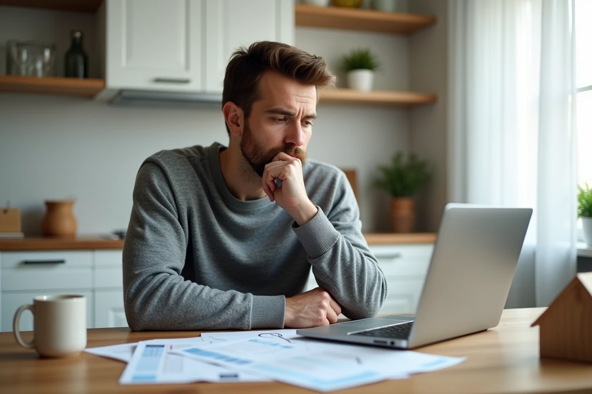 Homme comparant des documents de prêt garanti et non garanti à la maison avec une maquette de maison sur la table