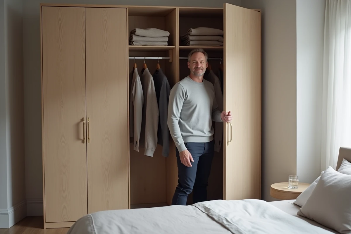 Homme souriant devant un dressing minimaliste ordonné avec peu de vêtements en tons neutres, symbolisant la liberté et le bonheur par le minimalisme
