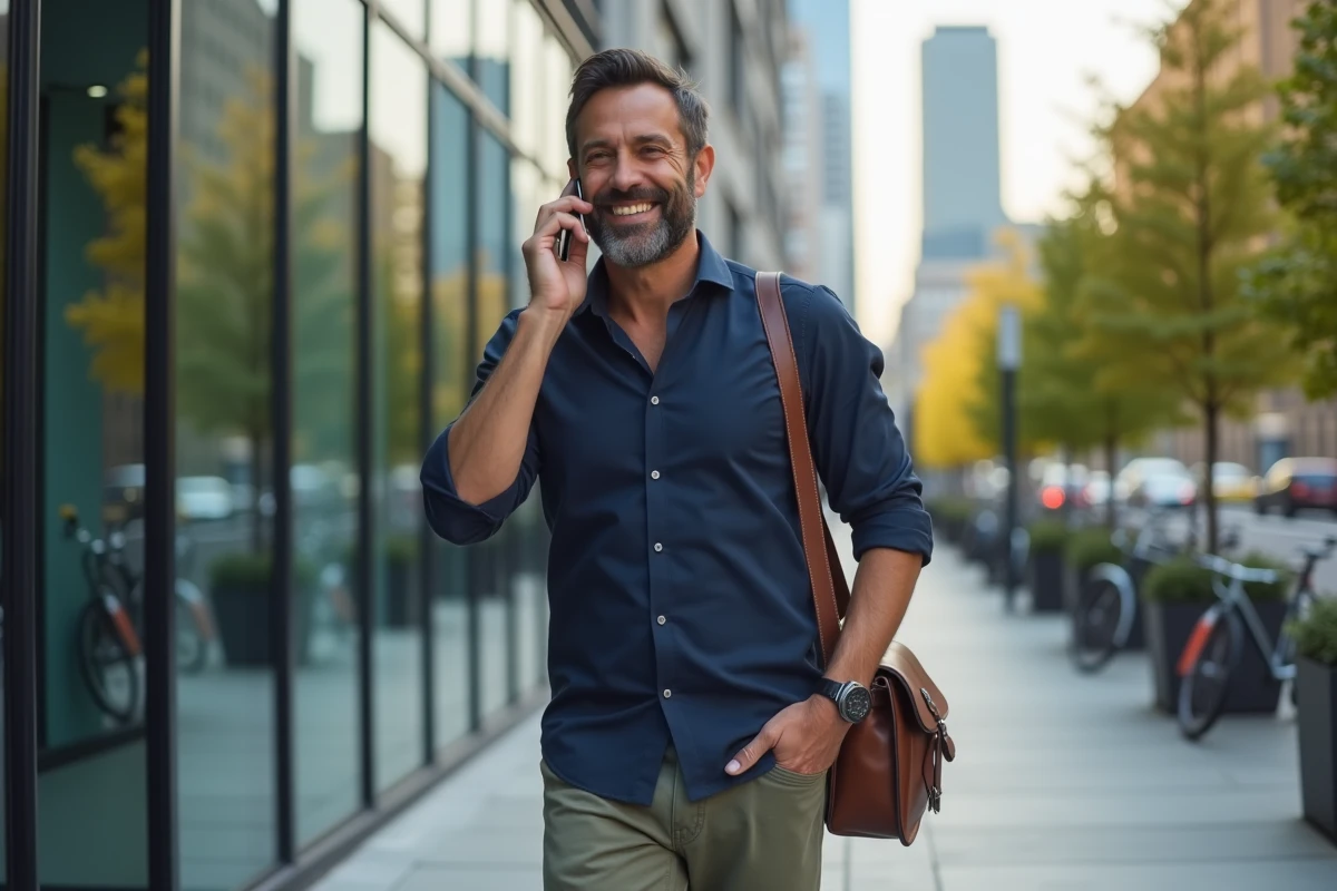 Homme quittant son bureau en milieu de journée avec le sourire, symbolisant la flexibilité des horaires de travail pour mieux concilier famille et carrière