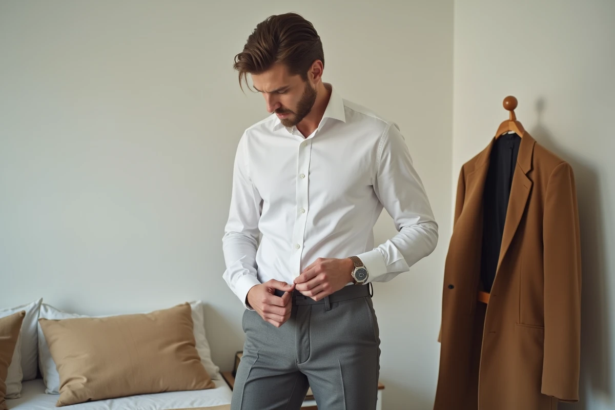 Homme s'habillant dans une chambre épurée avec une garde-robe capsule masculine bien choisie