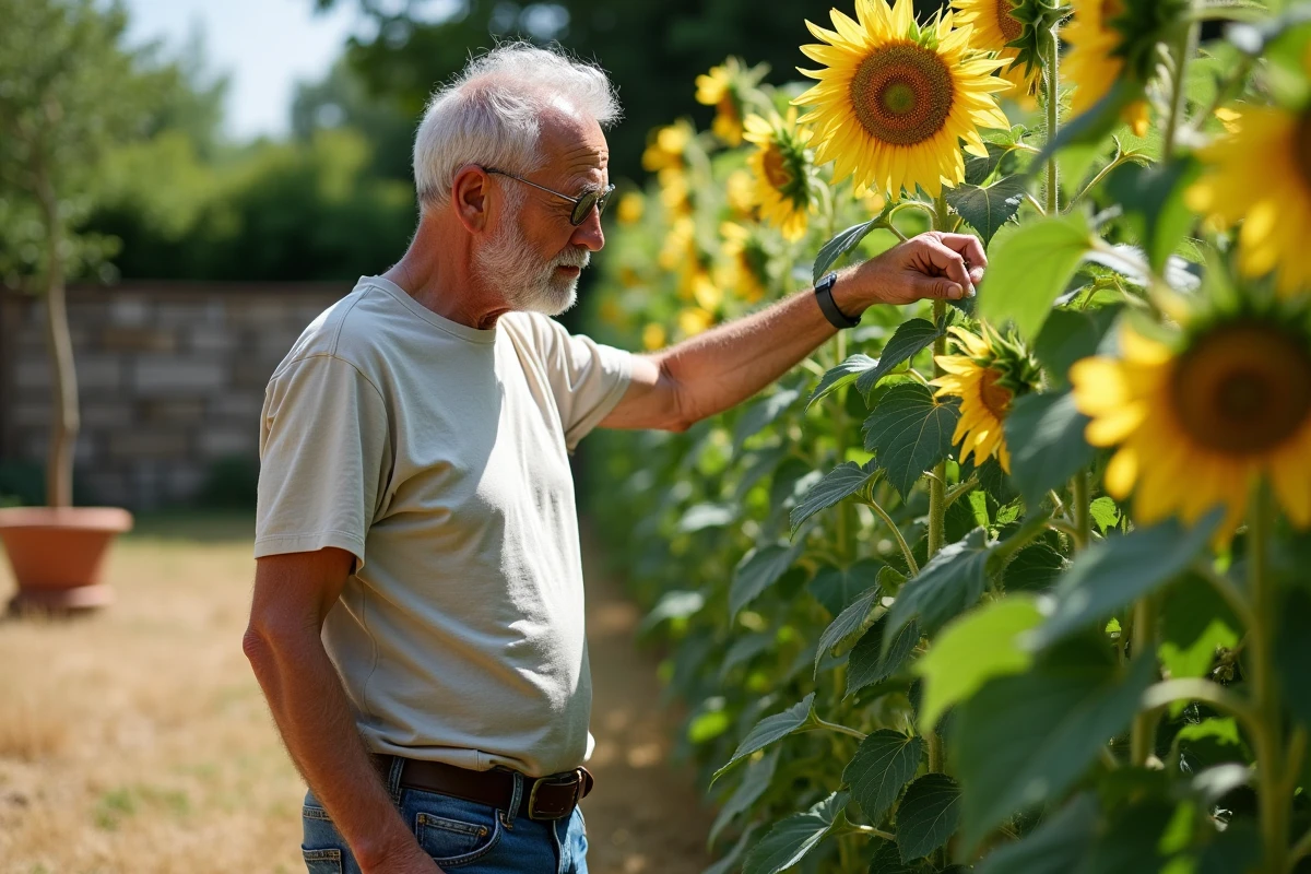 Homme d'une cinquantaine d'années inspectant des plants de haricots grimpants et de tournesols dans un grand potager exposé au soleil