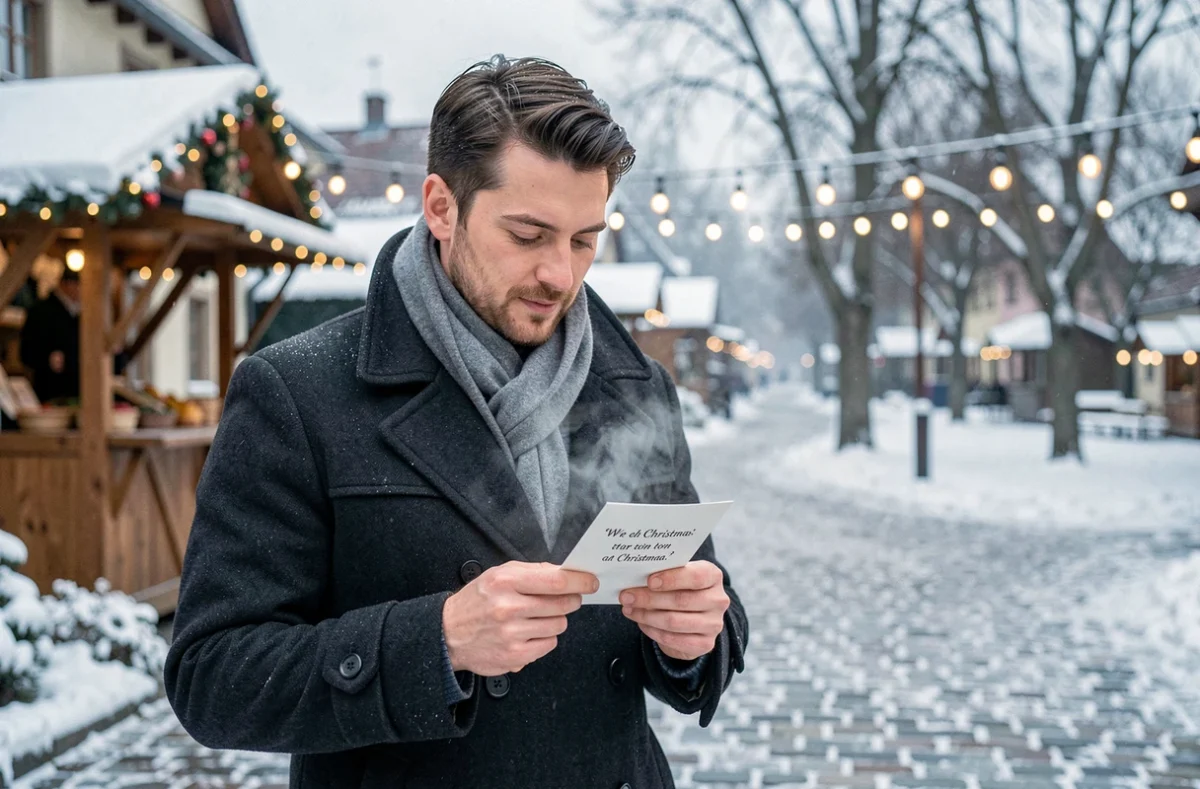 Homme ému lisant une citation de Noël tendre sur une carte dans un marché de Noël enneigé en plein air