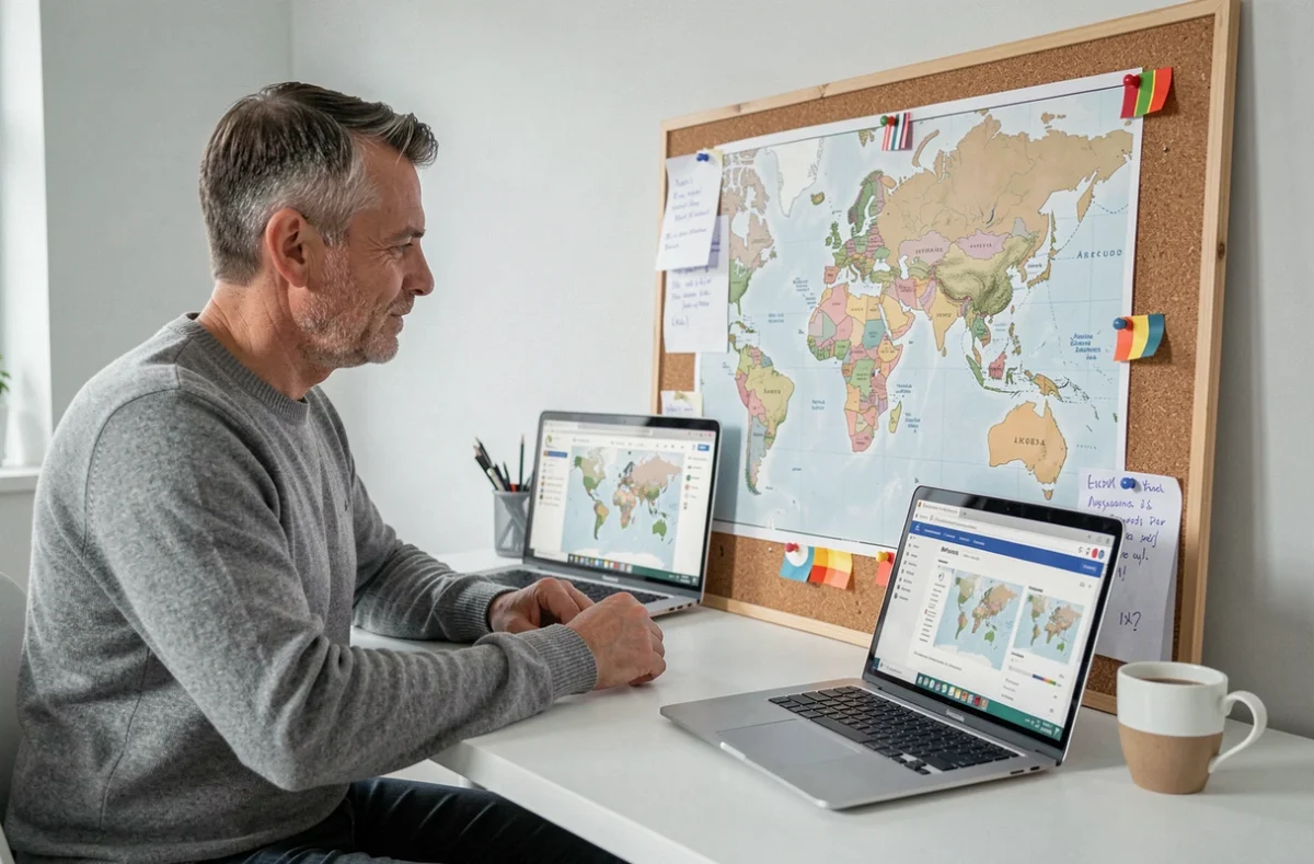 Homme ajoutant des notes manuscrites et des épingles colorées sur une carte du monde affichée sur un tableau liège dans un bureau moderne