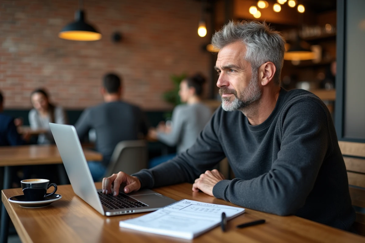 Homme planifiant ses objectifs d'investissement personnel sur un ordinateur portable dans un café urbain