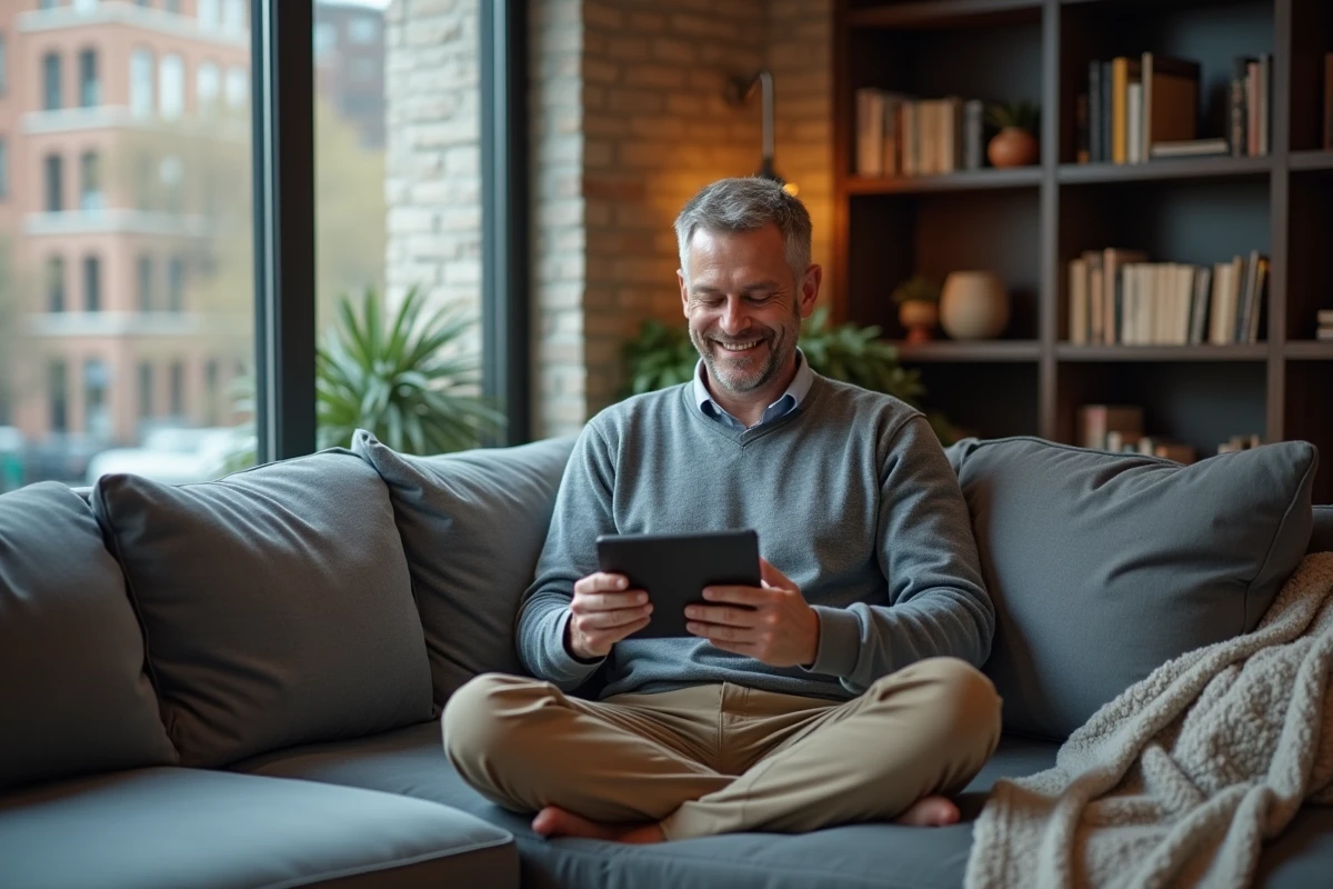 Homme consultant des promotions de meubles sur tablette assis sur un canapé gris dans un salon moderne