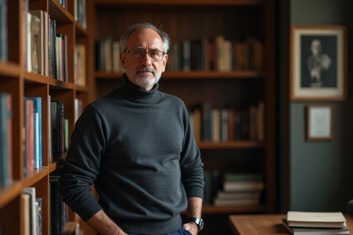 Homme pensif devant une bibliothèque de philosophie évoquant la hiérarchie des niveaux de conscience