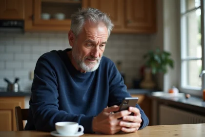 Homme consultant les résultats du Keno midi sur son smartphone dans une cuisine française