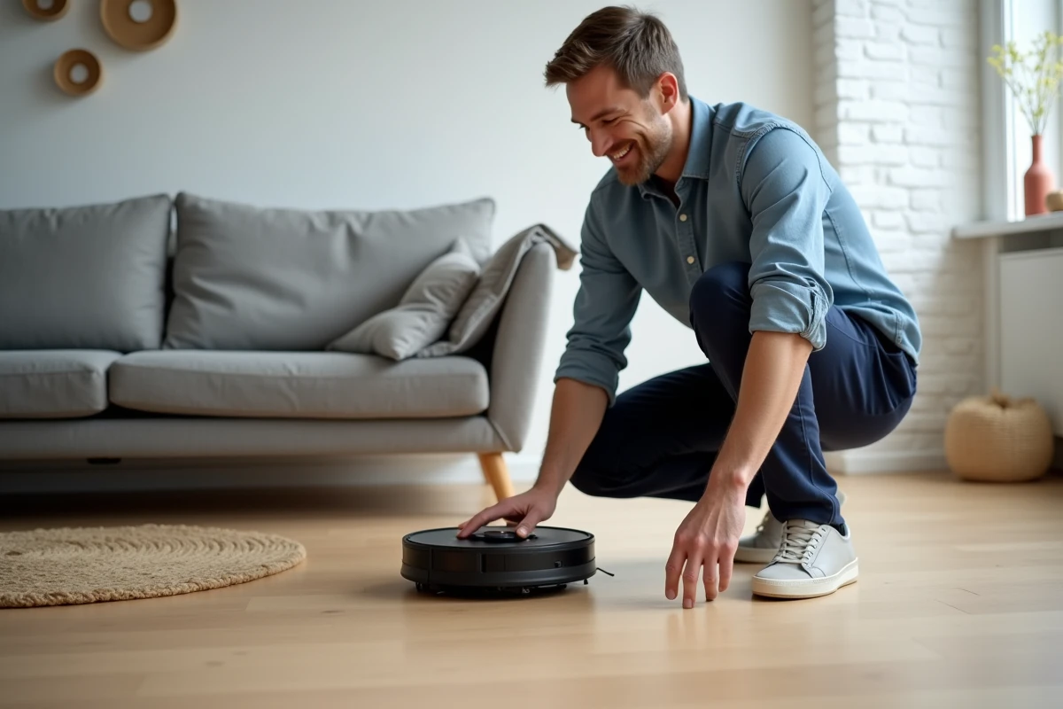 Homme activant un robot aspirateur sur un parquet en bois dans un salon moderne