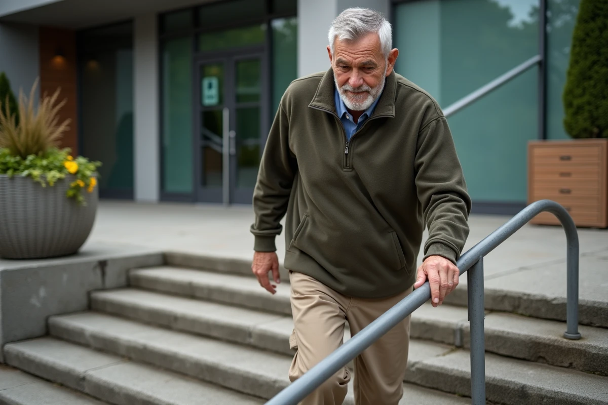 Homme senior descendant des escaliers avec difficulté en s'aidant d'une rampe, symbole de la perte de mobilité liée au vieillissement