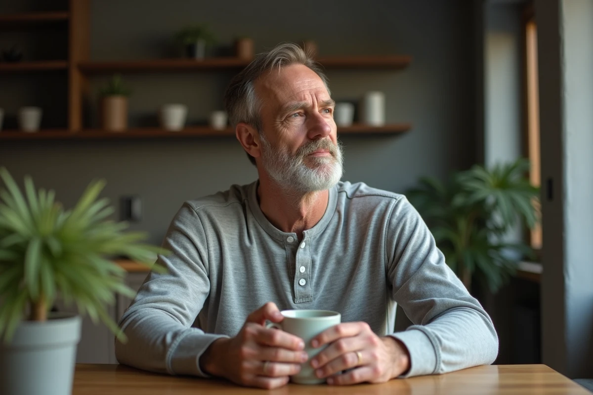 Homme d'âge mûr seul dans sa cuisine tenant une tasse, regard perdu dans le vide, illustrant le sentiment de solitude affective