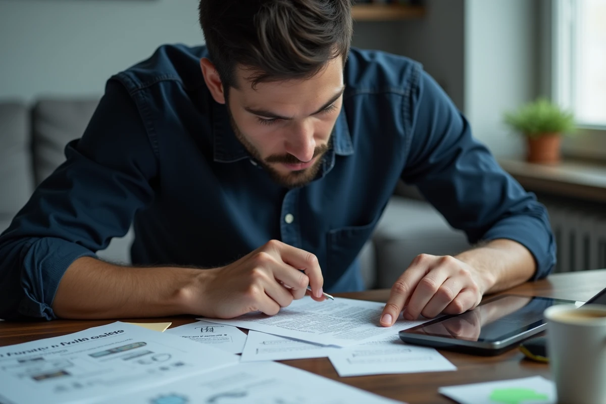 Homme consultant des solutions imprimées pour progresser dans un jeu d'évasion mobile