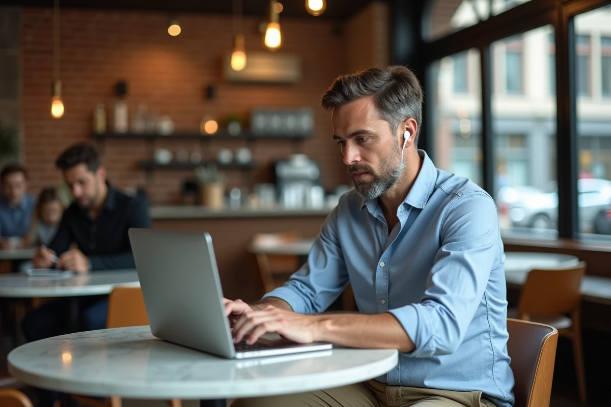 Homme en télétravail dans un café urbain moderne avec un ordinateur portable et des écouteurs sans fil