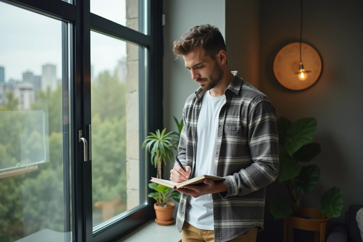 Homme trans écrivant des notes dans un journal pour préparer son profil de rencontre authentique dans un appartement moderne