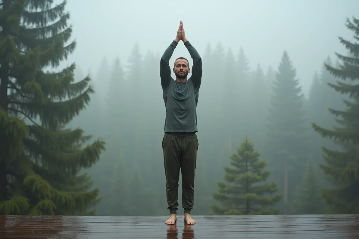 Homme pratiquant le yoga en plein air sur une terrasse en bois face à une forêt brumeuse pour gérer le stress