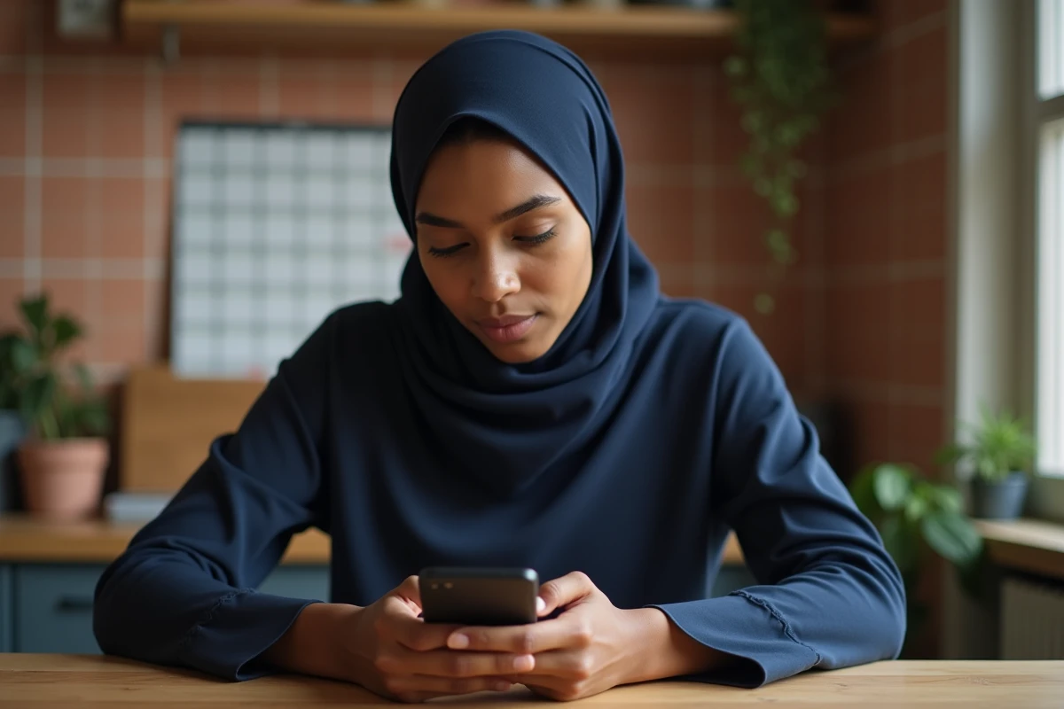 Jeune femme musulmane consultant les horaires de prière Maghrib et Icha sur son téléphone dans une cuisine à Compiègne