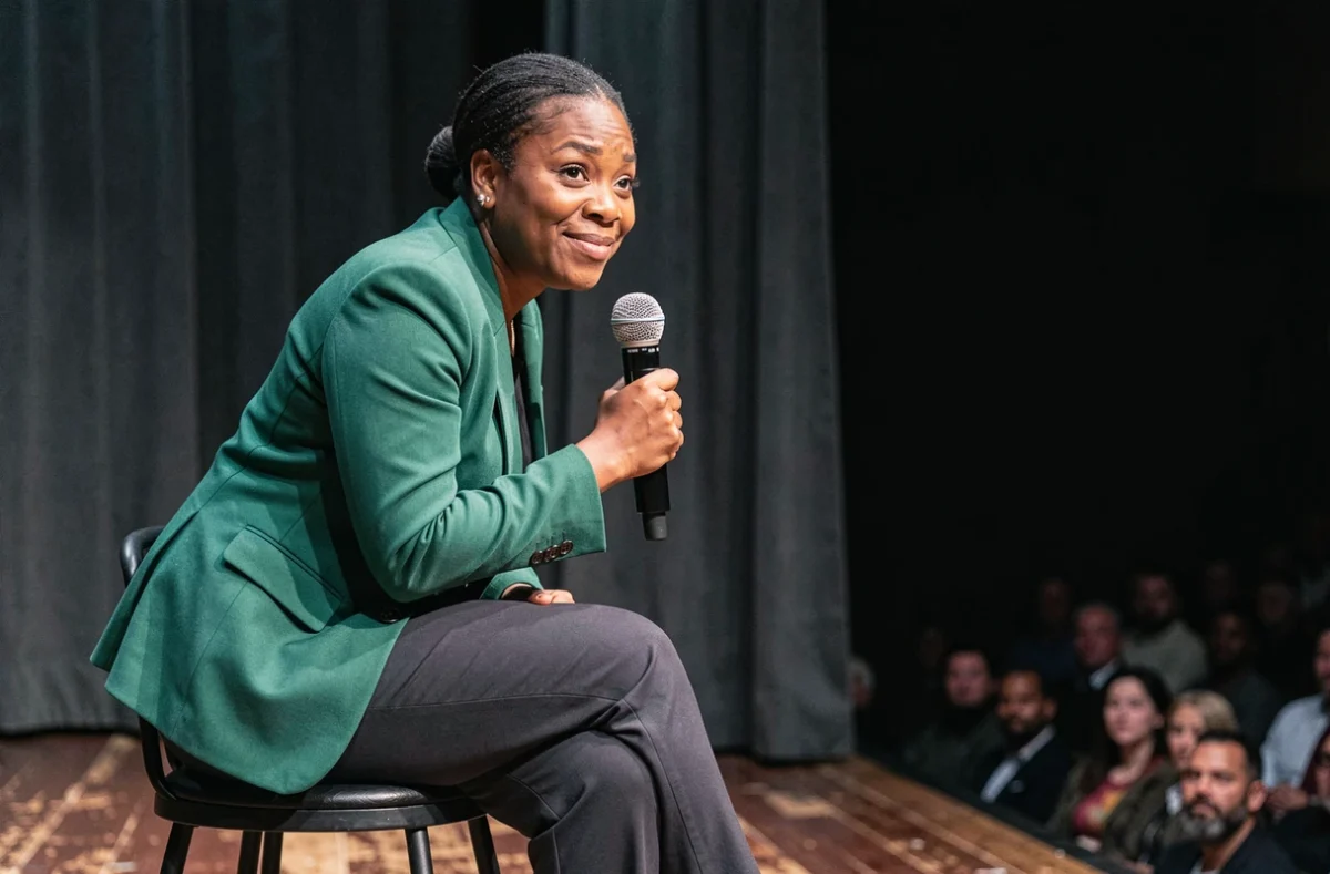 Humoriste noire féminine assise sur un tabouret de scène avec micro dans un théâtre comble