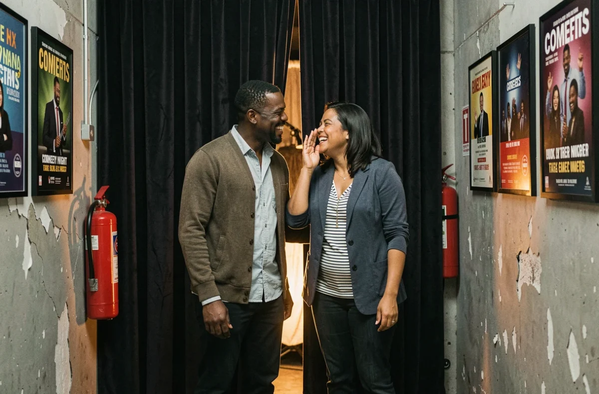 Deux humoristes noirs en coulisses partageant un fou rire avant de monter sur scène