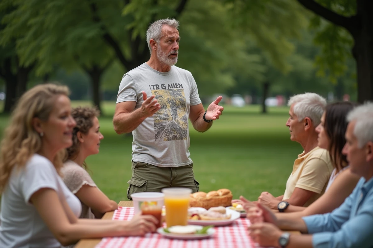Homme gesticulant en racontant une blague lors d'un pique-nique familial en plein air, humour populaire et culture beauf en France