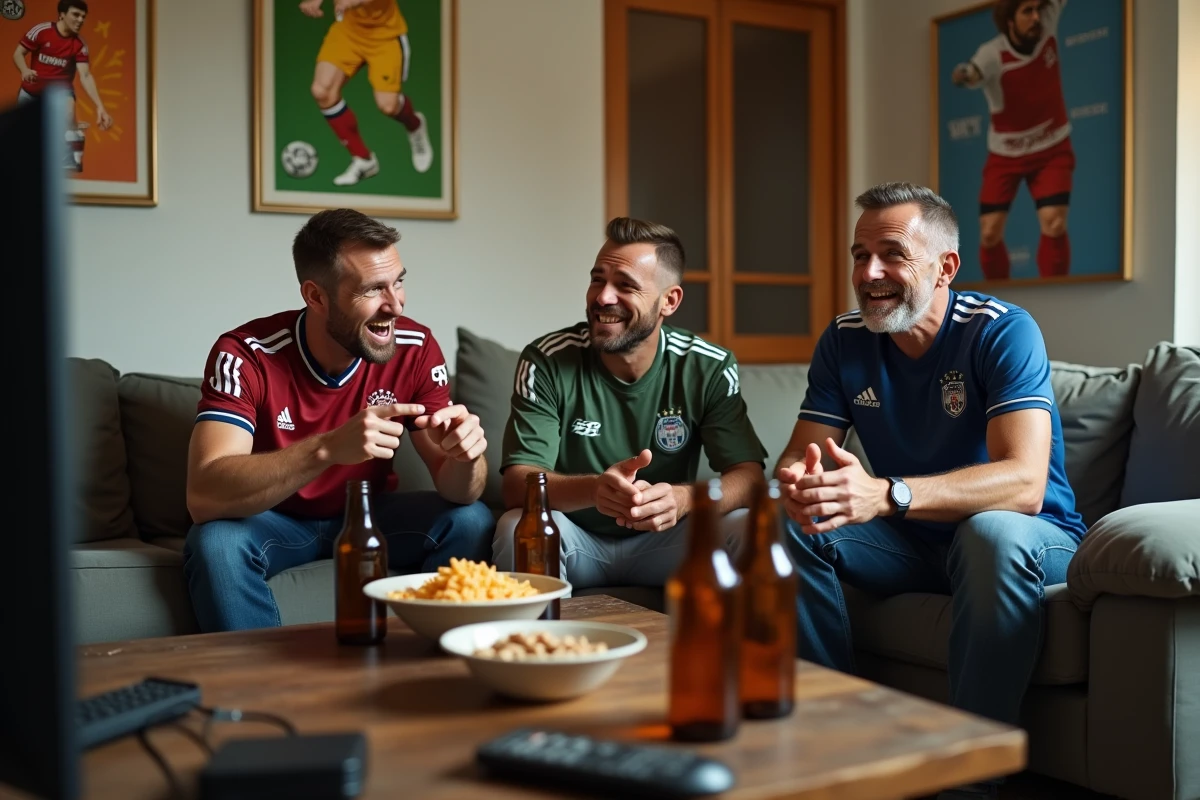 Groupe d'hommes en maillots de foot réagissant avec des blagues devant la télévision dans un salon typique, scène d'humour beauf moderne