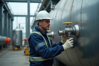Ingénieur inspectant un réservoir à hydrogène sous pression dans une installation industrielle
