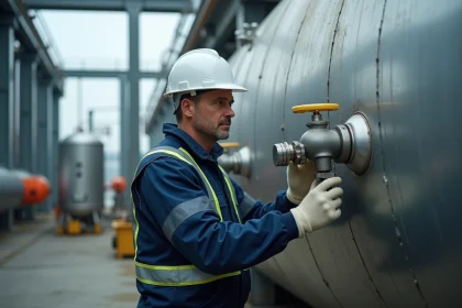 Ingénieur inspectant un réservoir à hydrogène sous pression dans une installation industrielle