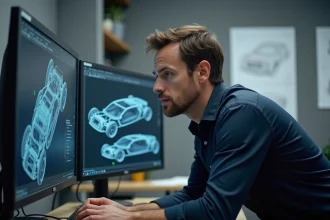 Ingénieur automobile travaillant sur un logiciel de conception CAO 3D dans un studio de design moderne