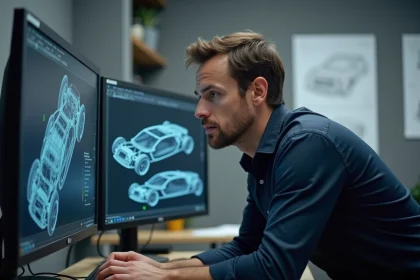 Ingénieur automobile travaillant sur un logiciel de conception CAO 3D dans un studio de design moderne