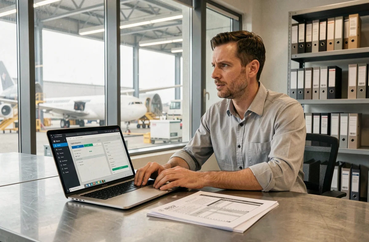 Ingénieur qualité analysant un tableau de bord de conformité IRIS02 dans un bureau industriel aéronautique
