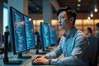 Ingénieur logiciel japonais travaillant sur des écrans de code dans un bureau technologique moderne de Tokyo, symbole du pays le plus avancé en technologie