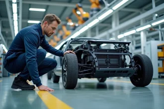 Ingénieur automobile examinant un châssis de véhicule électrique dans une usine de fabrication moderne