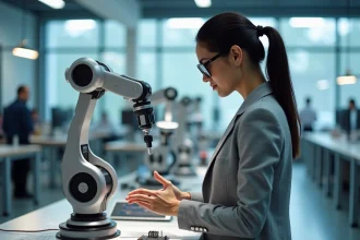 Ingénieure examinant un bras robotique dans un laboratoire de technologie avancée