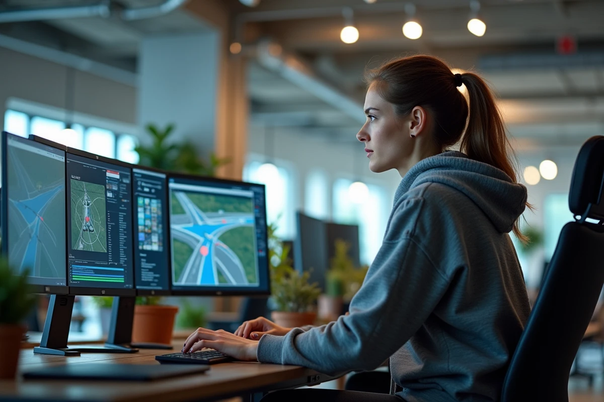 Ingénieure logicielle travaillant sur un simulateur de conduite autonome dans un bureau de startup technologique moderne