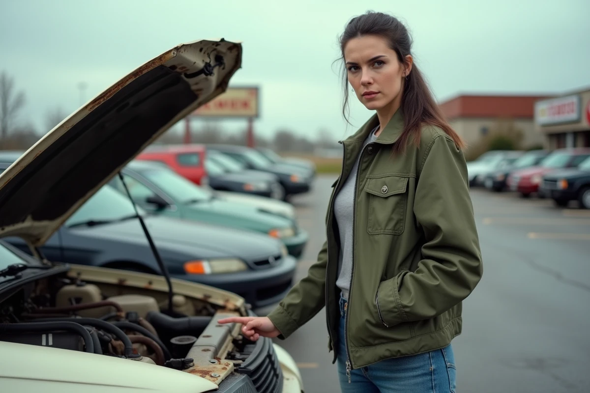 Femme inspectant le moteur usé d'une voiture d'occasion dans un parking de concessionnaire