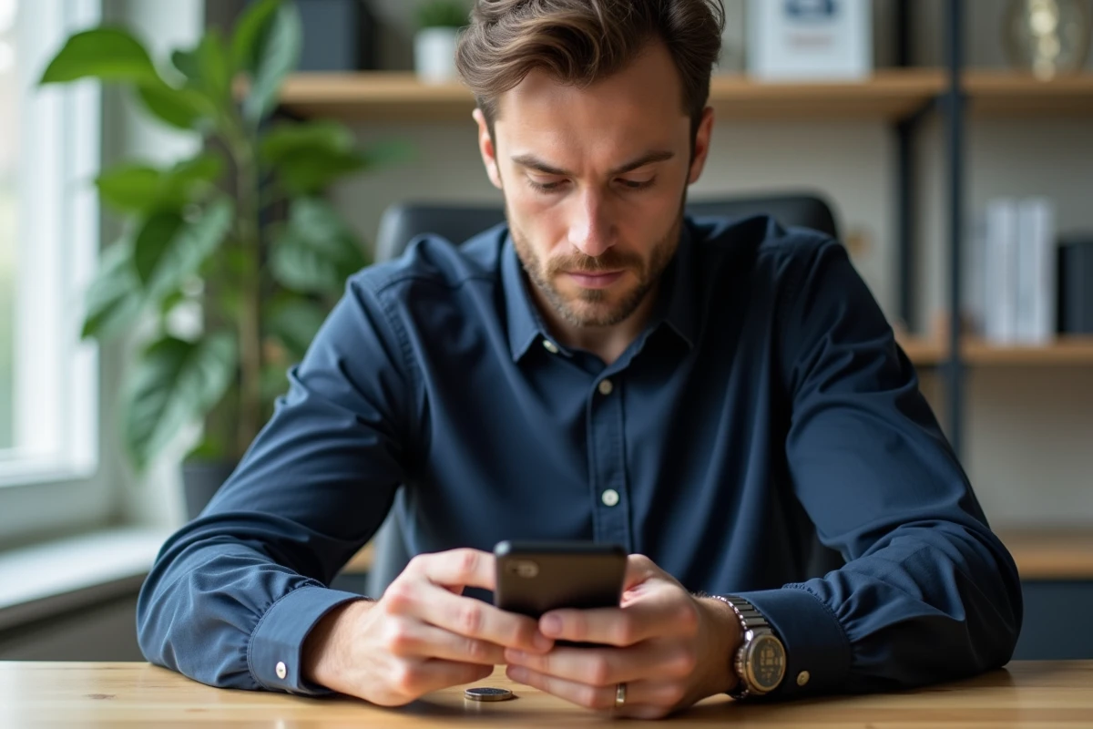 Homme consultant une application d'investissement sur smartphone avec une pièce d'un euro posée sur son bureau