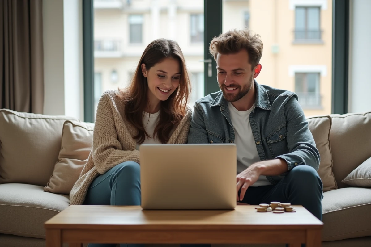 Couple regardant ensemble une plateforme d'investissement en ligne avec des pièces d'un euro sur la table basse