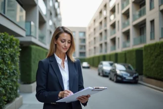 Femme agent immobilier analysant des documents devant un immeuble moderne pour évaluer la rentabilité d'un investissement immobilier
