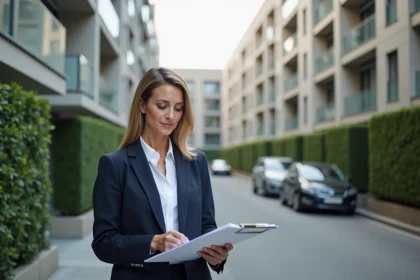 Femme agent immobilier analysant des documents devant un immeuble moderne pour évaluer la rentabilité d'un investissement immobilier