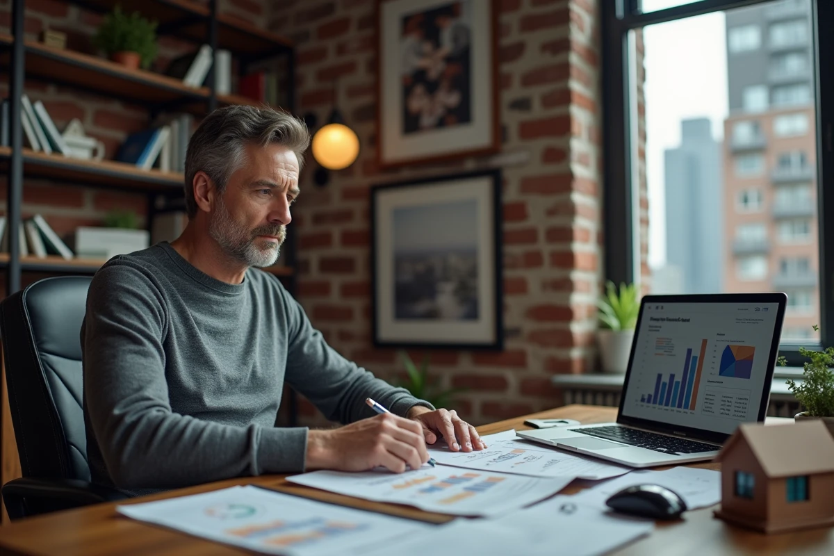 Investisseur immobilier masculin analysant des rendements locatifs sur ordinateur portable dans un bureau à domicile avec des brochures immobilières