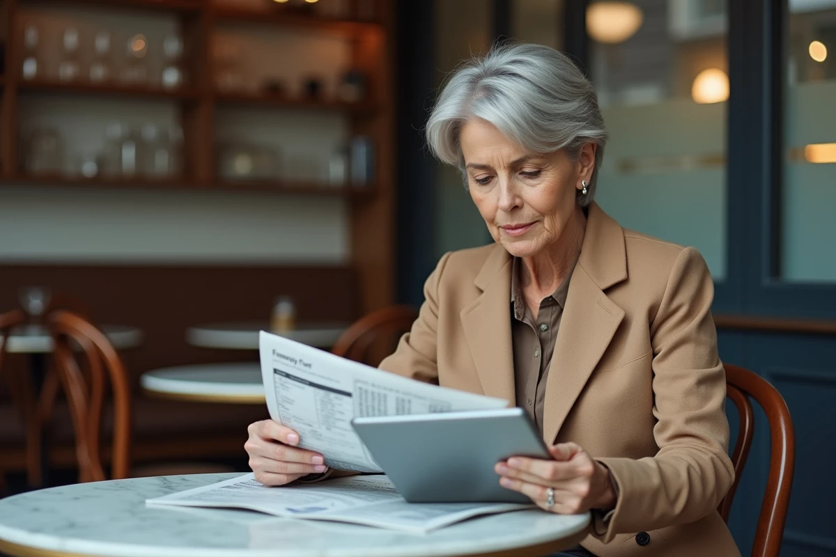 Une investisseuse consulte un journal financier et un tableau de bord de fonds d'investissement dans un café urbain