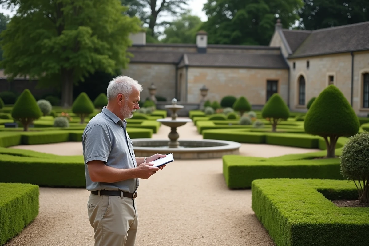 Homme consultant ses notes dans un jardin à la française avec buis taillés, allées en gravier et fontaine en pierre