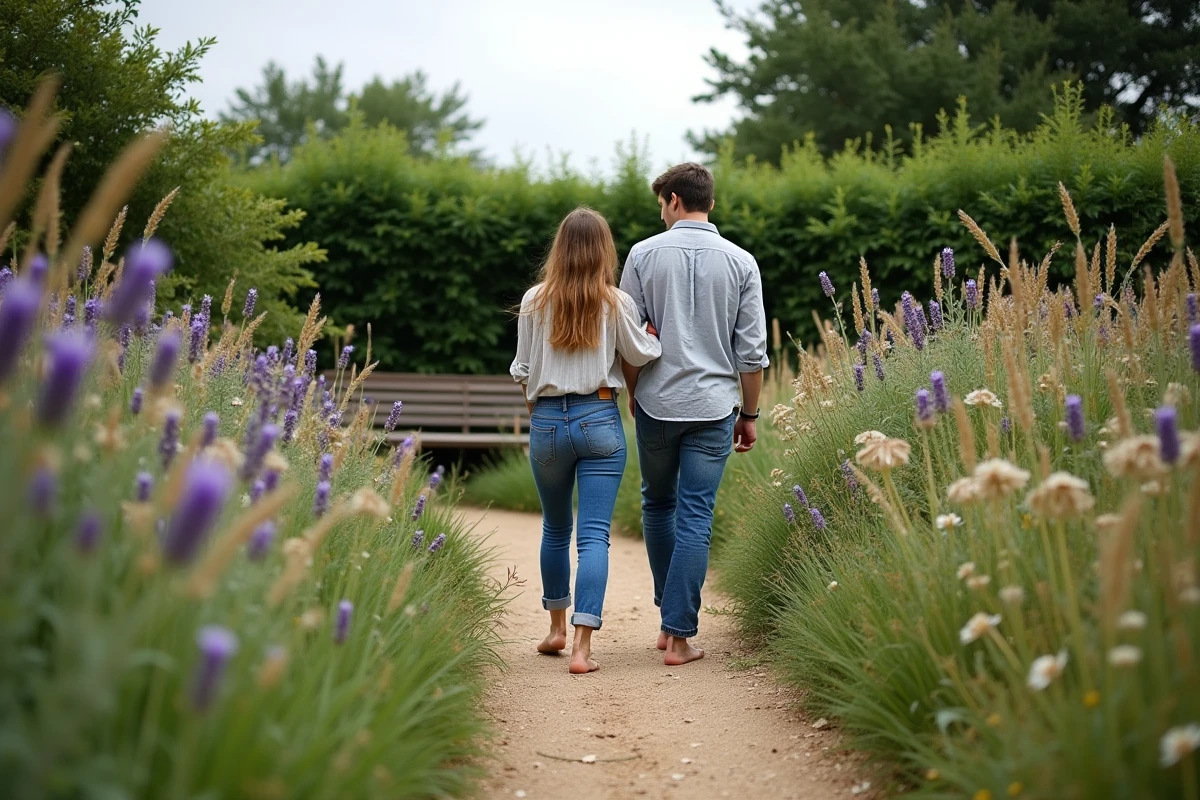 Couple se promenant dans un jardin naturaliste sauvage avec graminées ornementales, lavande et fleurs sauvages