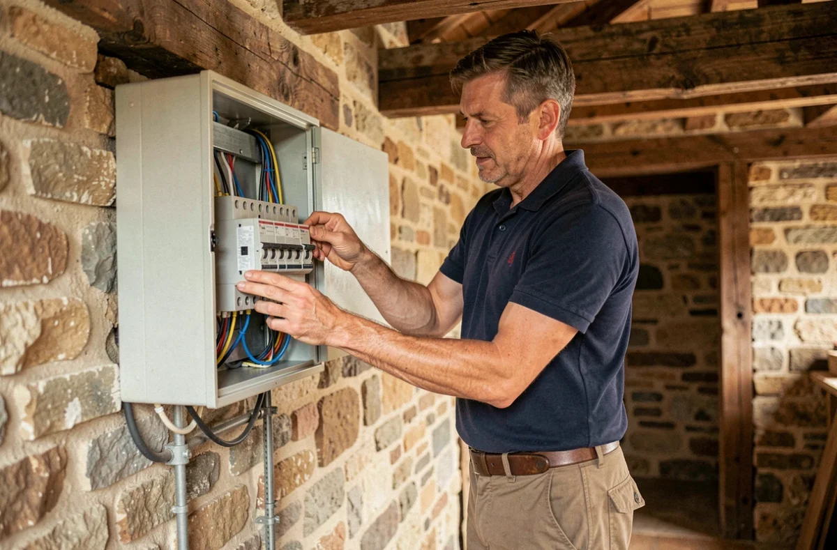 Électricien de JCM Elec installant un tableau de distribution dans un bâtiment rural à Vire Normandie