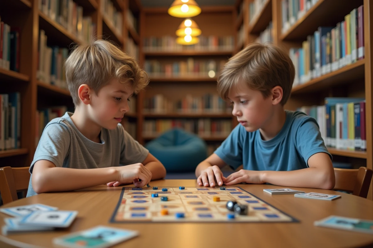 Deux garçons jouant à un jeu de société stratégique dans une bibliothèque publique dans le cadre d'un apprentissage par le jeu